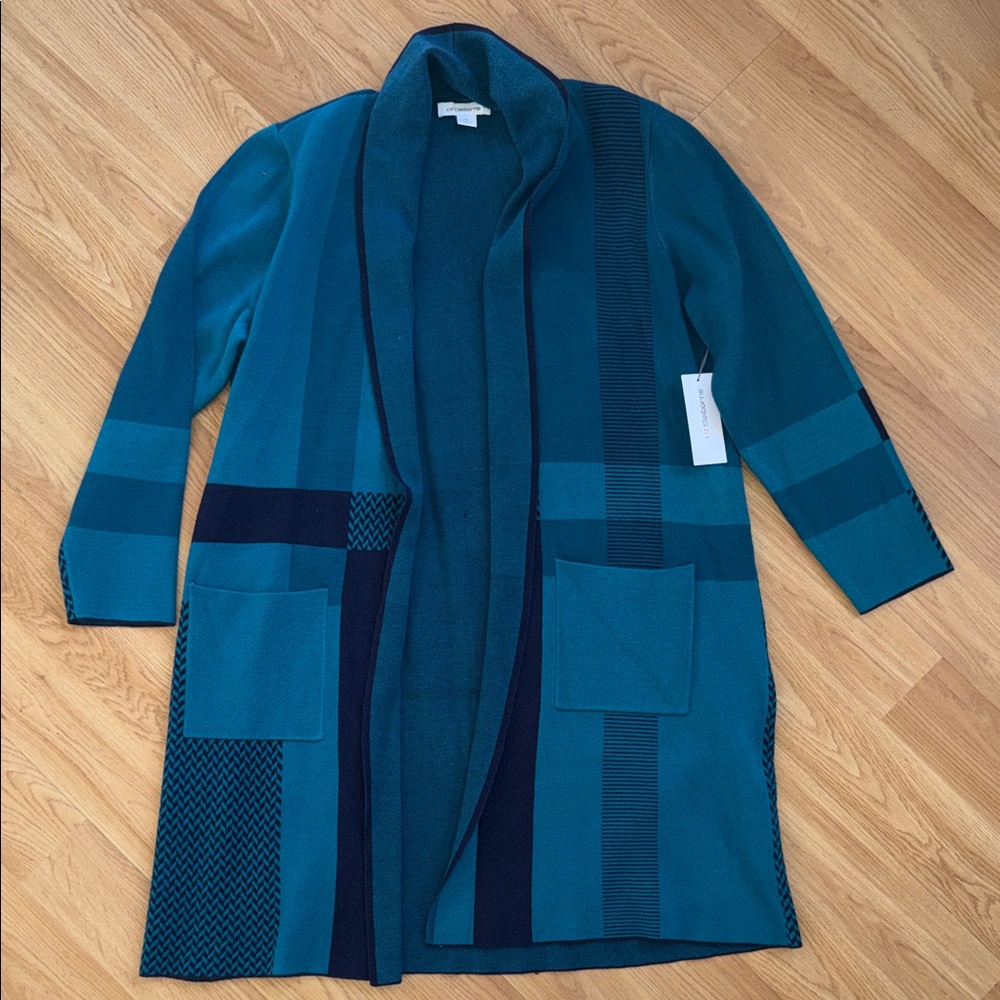 NWT Liz Claiborne Teal and Navy Open Front Cardigan Longline XL